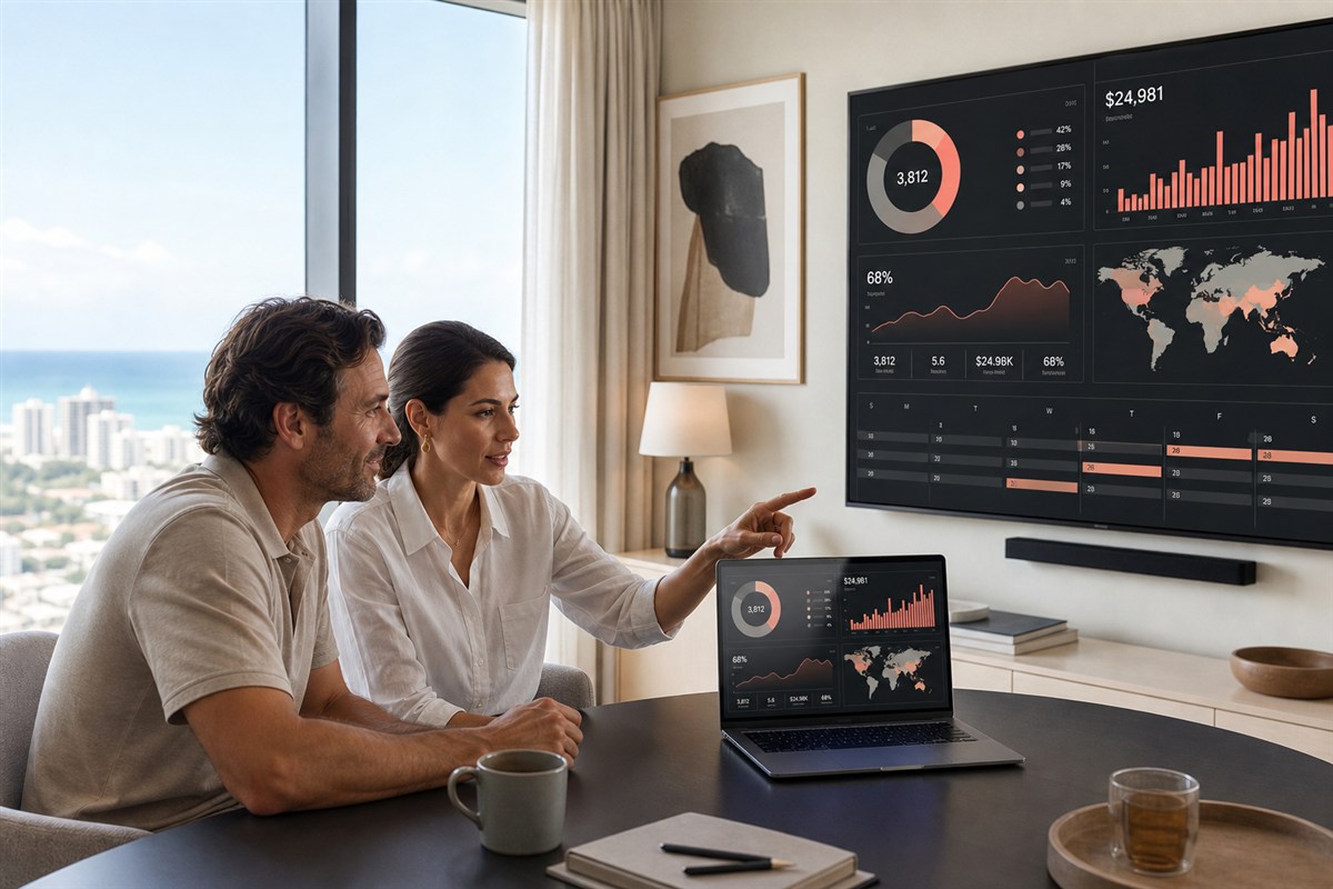 Property owner and listing strategist reviewing a global revenue dashboard