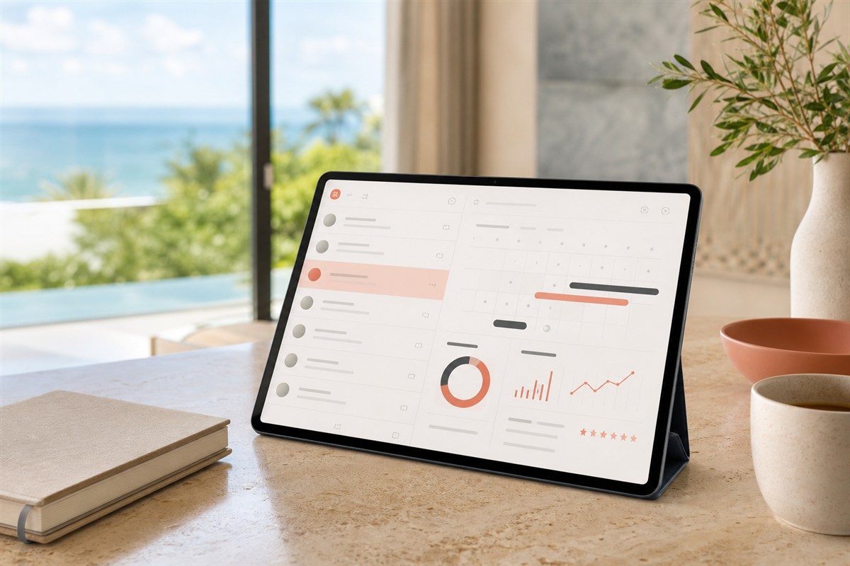 Tablet showing an abstract guest inbox, booking calendar and rating trend