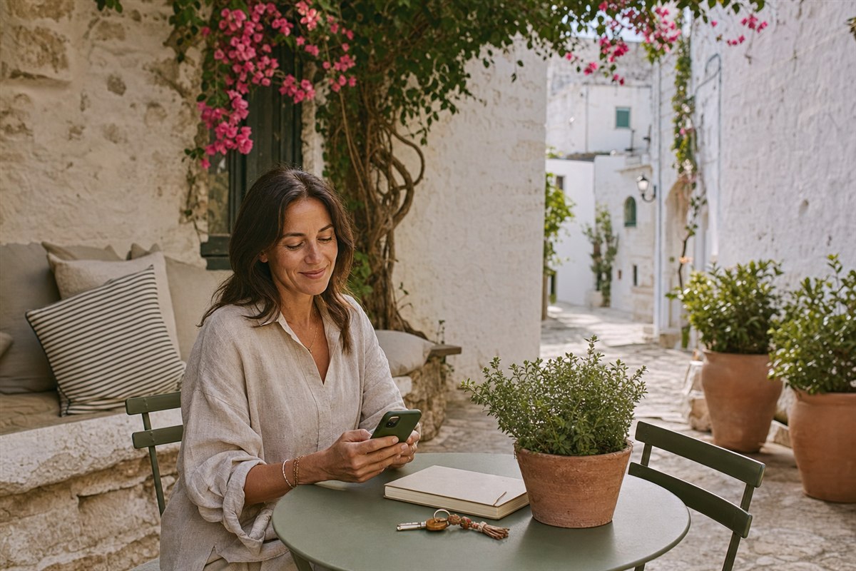 Holiday-home owner calmly checking booking updates in a stone courtyard