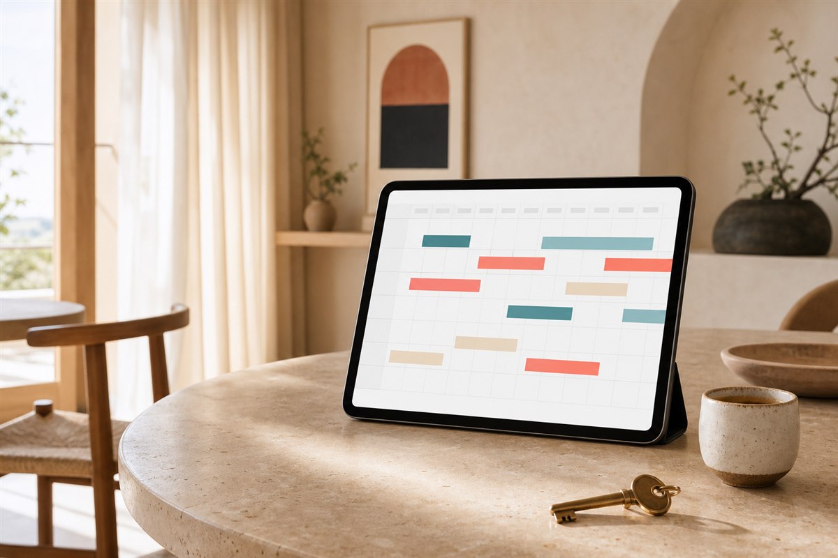 Tablet with a coordinated booking calendar in a sunlit Mediterranean apartment
